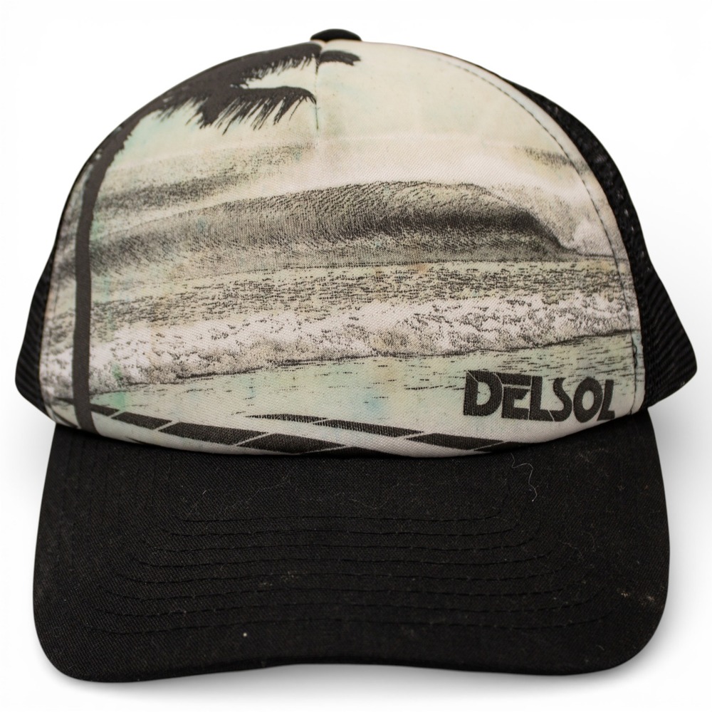 Del Sol Trucker Hat Unisex‎ OSFM Black Beach Wave Palm Tree Mesh Snapback Good